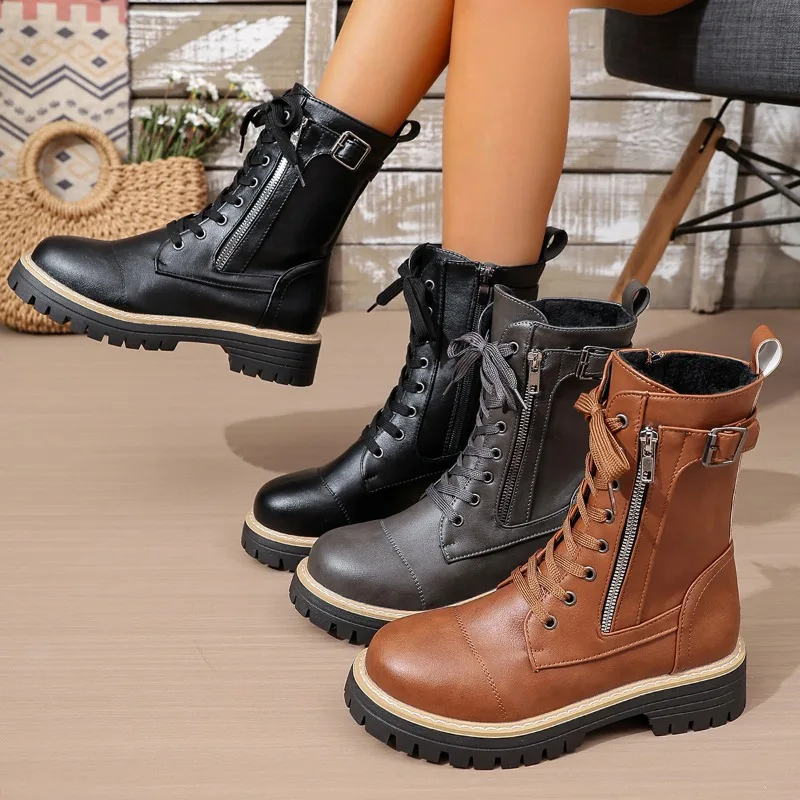 Winter New Retro Fleece Lined Warm Round Toe Women's Mid Calf Boots 2026 Fashion Lace Up Side Zipper Thick Soled Women Boots