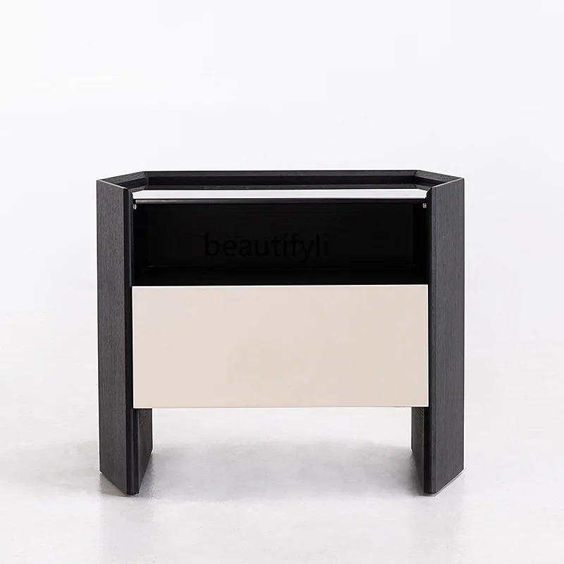 

Minimalist bedside table, simple and modern, bedroom black oak creative glass bedside, light luxury chest