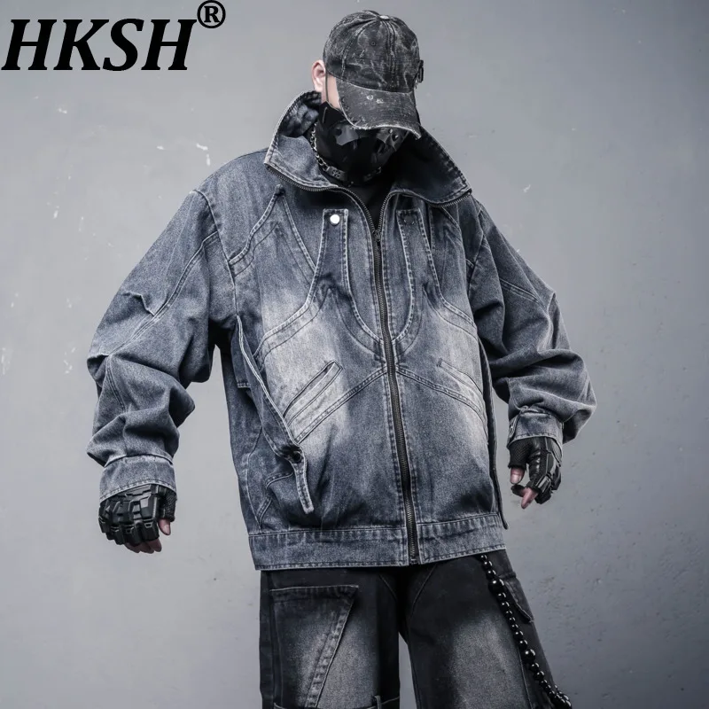 

HKSH Autumn Niche Retro Washed Rock Denim Jackets Thick Dark Safari Style Trendy Functional Ovesized Chic Ins Coats Men HK11901