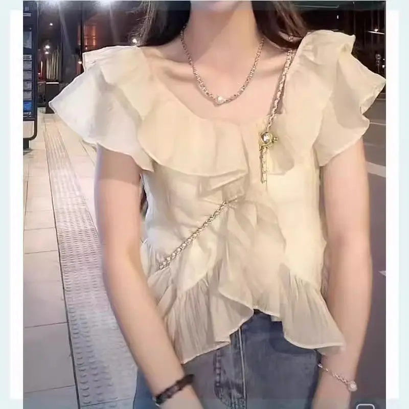 Elegant Ruffle Edge Chiffon Shirt Women with Flying Sleeves Niche Summer Korean Style Fashionable Slim Fit Irregular Short Shirt