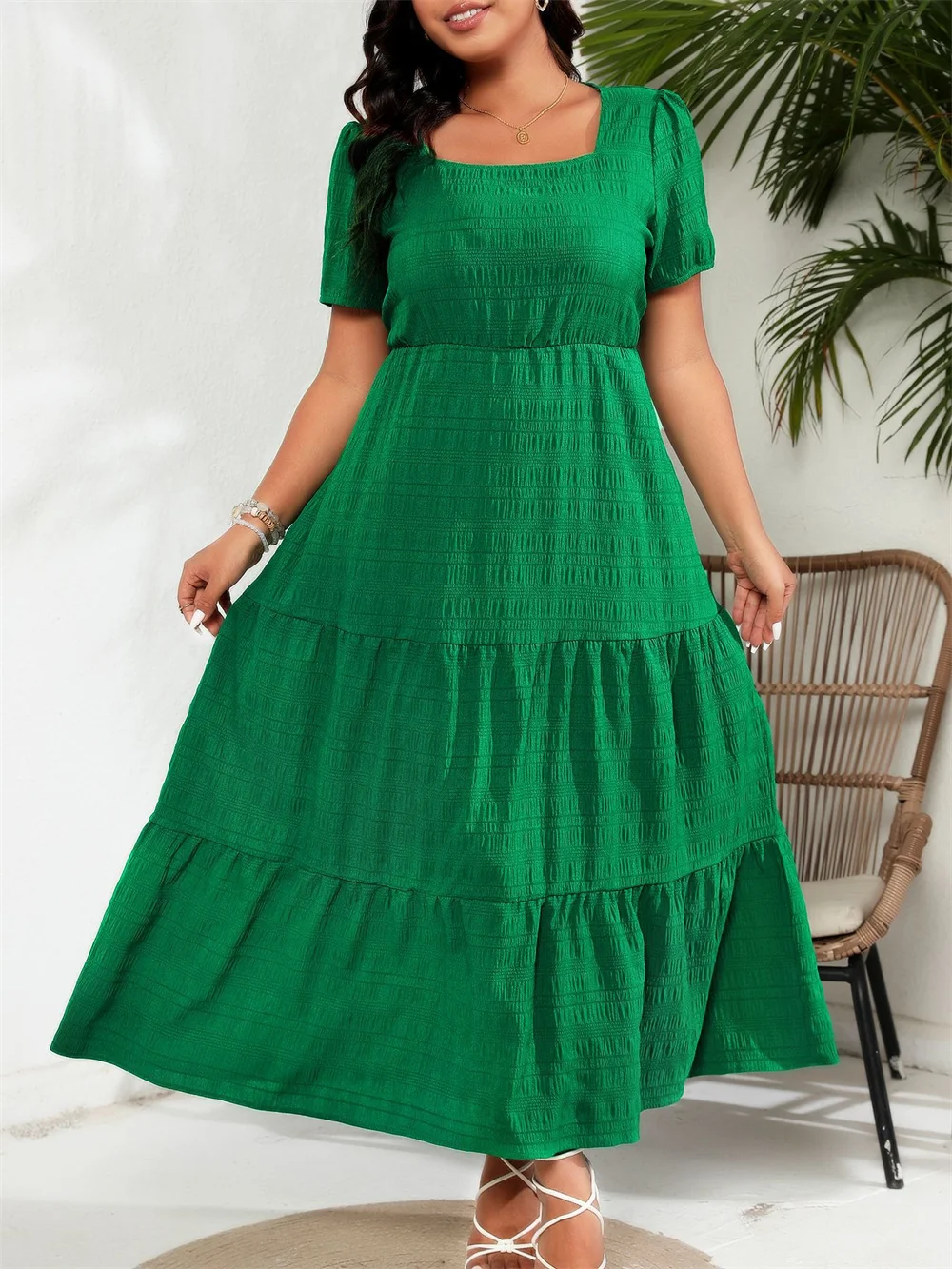 GIBSIE Plus Size Square Neck Puff Sleeve Ruffle Hem Dress Women Casual Vacation Solid Big Swing A-Line Maxi Long Dresses