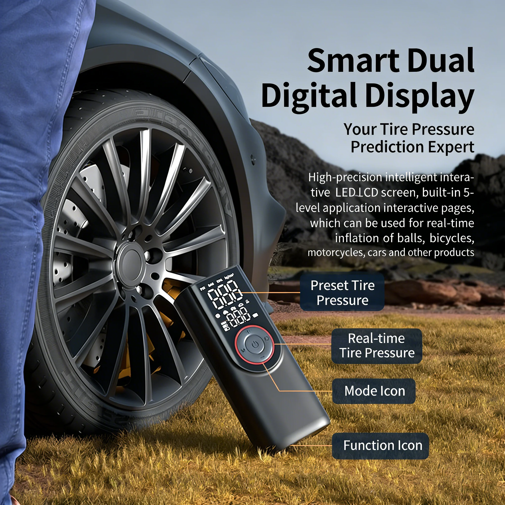 

Беспроводной электрический портативный автомобильный компрессор 6000 мАч для быстрой накачки шин мотоциклов, велосипедов, автомобилей и мячей