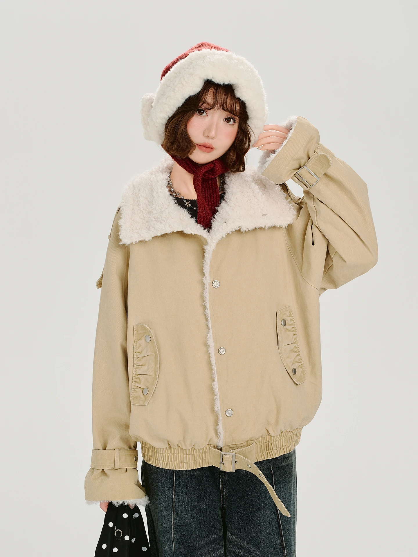 

Girly American Retro Design Stand Collar Jaet Women Winter New Thi Warm Loose Coat Casual Sle Long Sve Cotton Lined