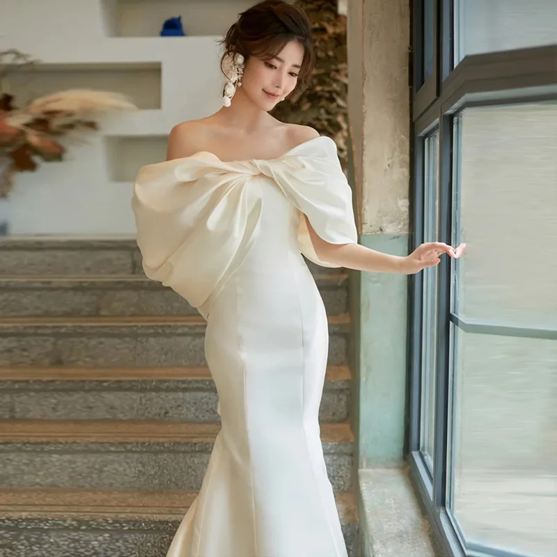 High-End Sense Satin Classy  Mermaid Light Wedding Dress French Bridal Super Fairy One Shoulder Small Trailing Forest Dress