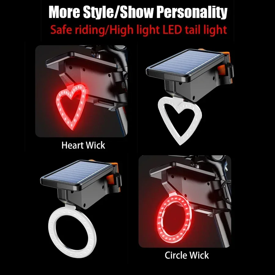 New Waterproof Bicycle Brake Tail Light 3 Light Modes Solar Energy Bike Rear Lamp High Brightness Warning Rear Lamp MTB Road