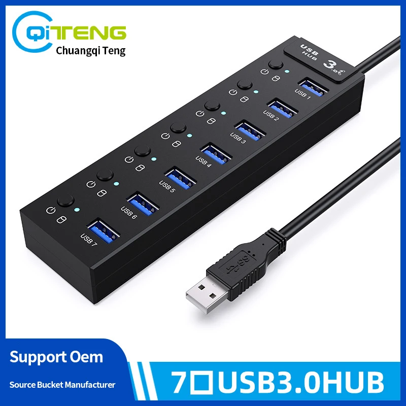 USB 3.0 Hub عالية السرعة Hub 7 منافذ متعددة 3.0 محور التبديل متعدد USB الخائن 60 سنتيمتر موسع لأجهزة الكمبيوتر المحمول محول الملحقات