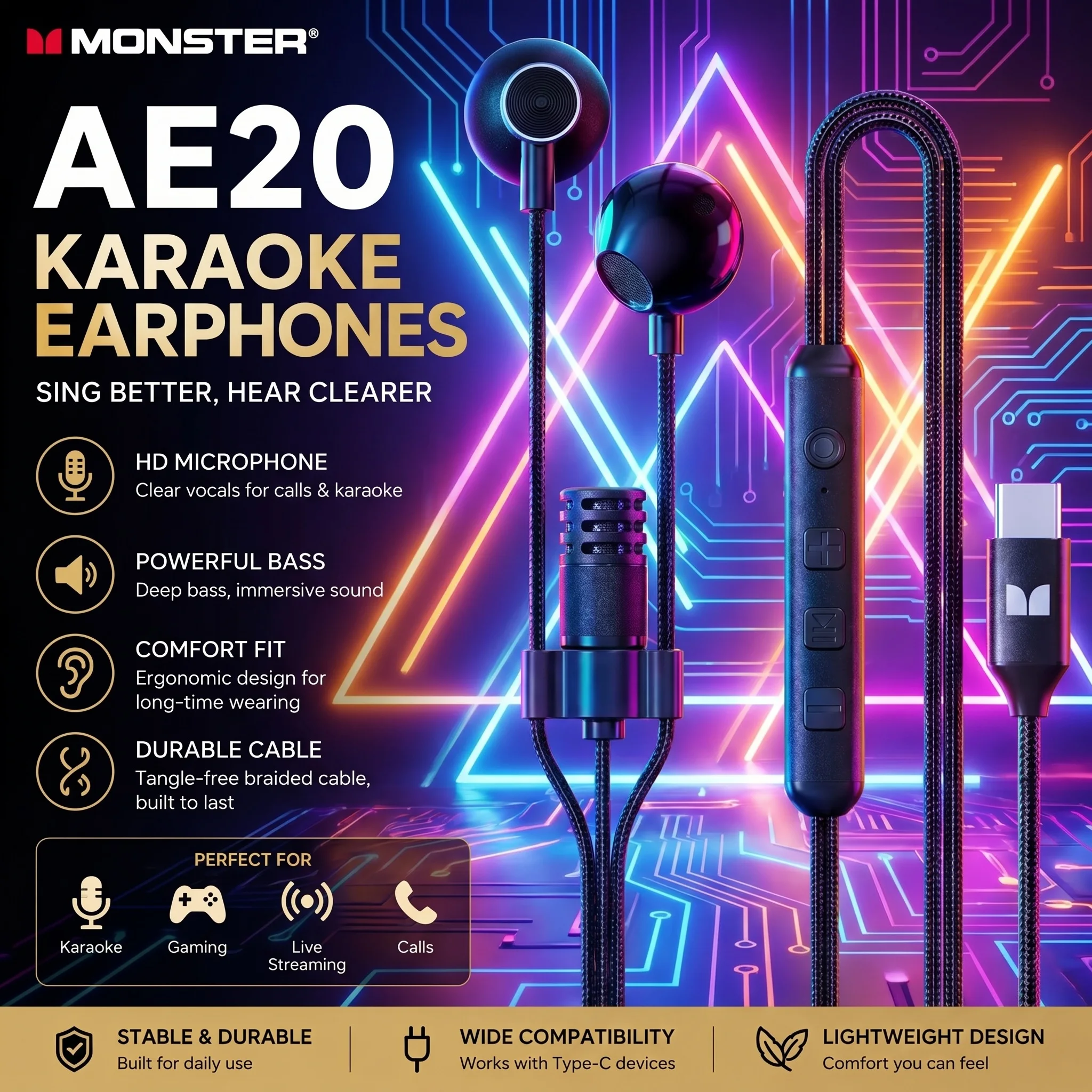 

Monster AirStar AE20 Professional Singing Headphone 1.5m Wired Karaoke Earphones for Singing Live Streaming Recording Gaming