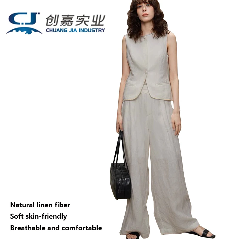 

Высококачественный льняной женский костюм, черная рубашка без рукавов и широкие брюки, комплект из двух предметов для улицы, делового повседневного использования, женского рабочего места
