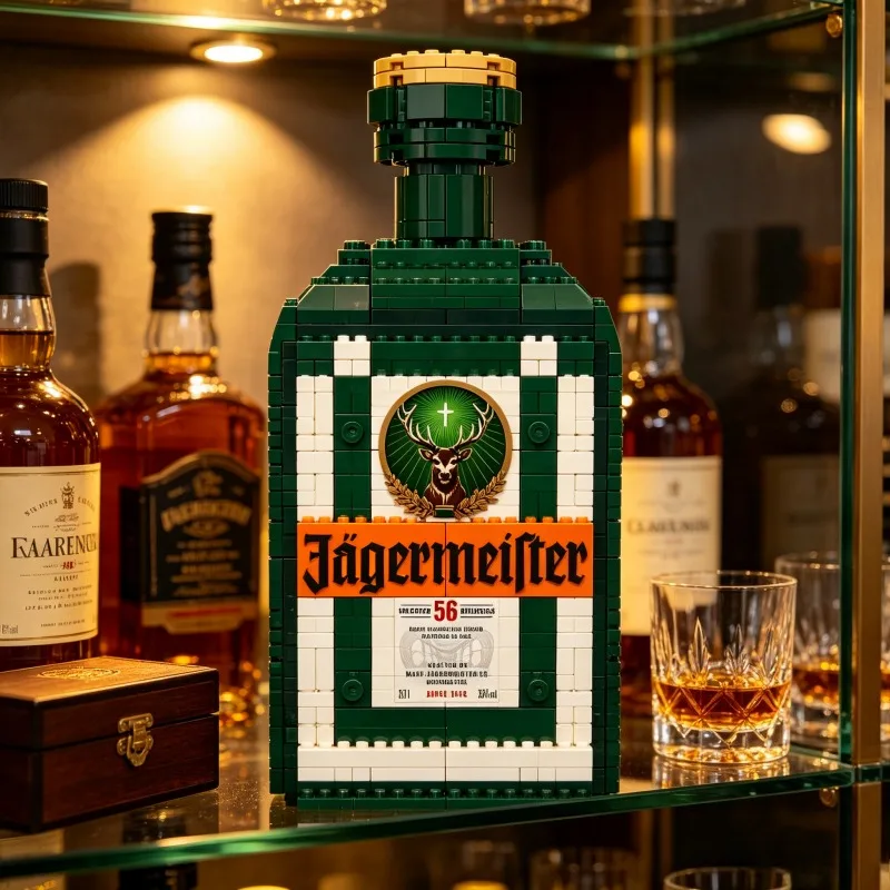 Modèle de brique de construction DIY pour bouteille de liqueur Jagermeister, décoration de bar à domicile, briques de collection