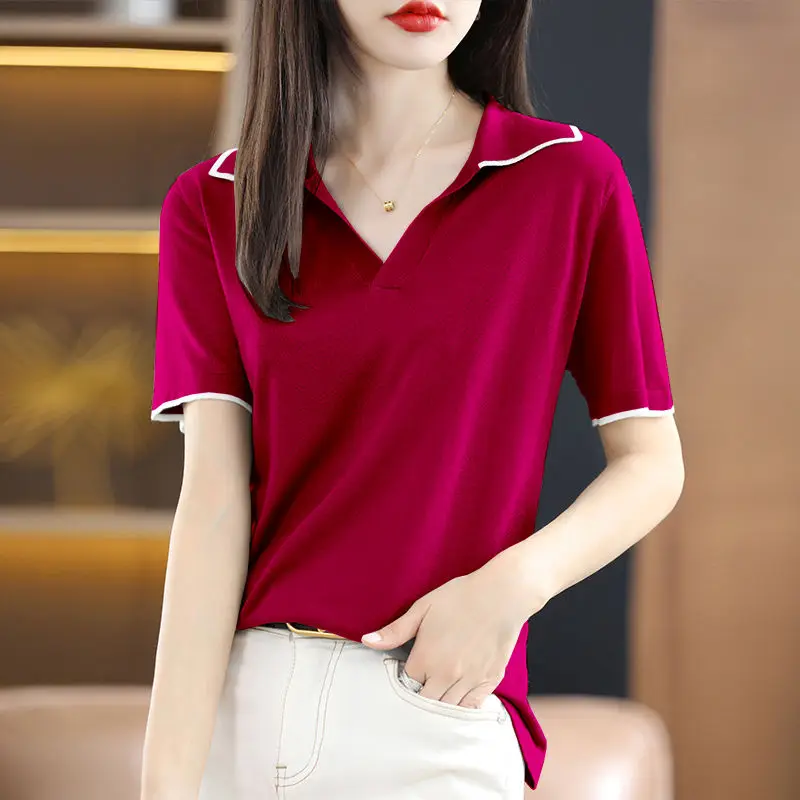 

Clothing Short Sleeve Tee T-shirt Woman Plain Polo Neck Shirts for Women Red Tops Sale Luxury Youth Synthetic Aesthetic V Cotton