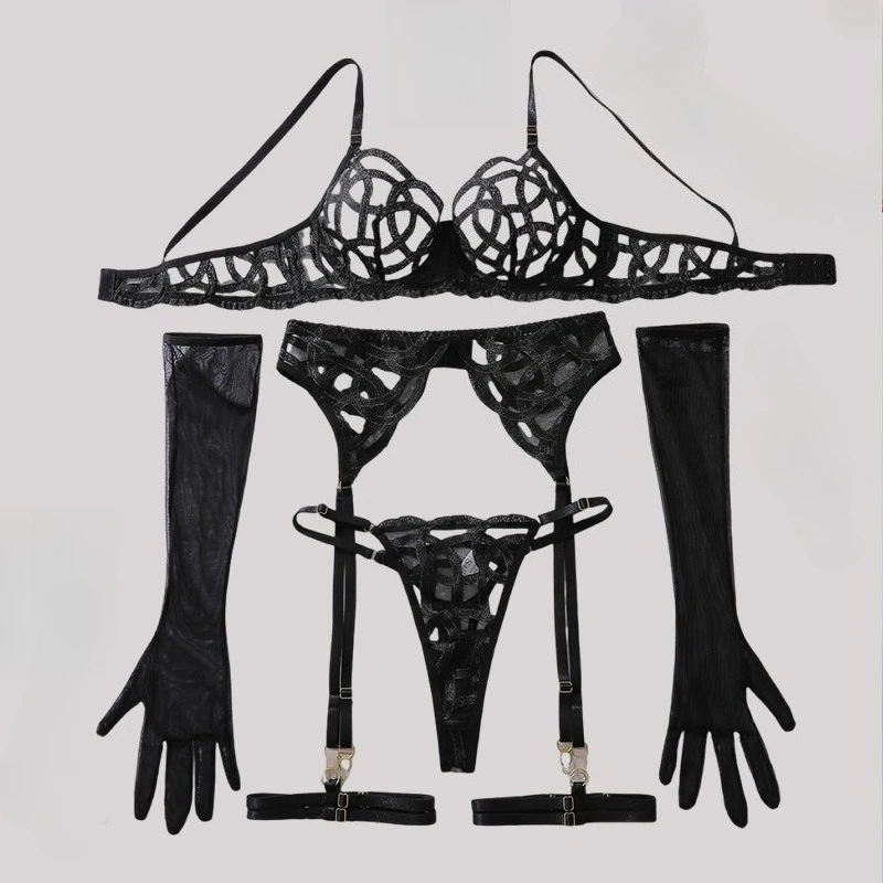 

Toucheart Sexy Mesh Solid Color Lace See-through Interesting Hollow Out Underwear Garters Backless Steel Ring Patchwork Sexy Set