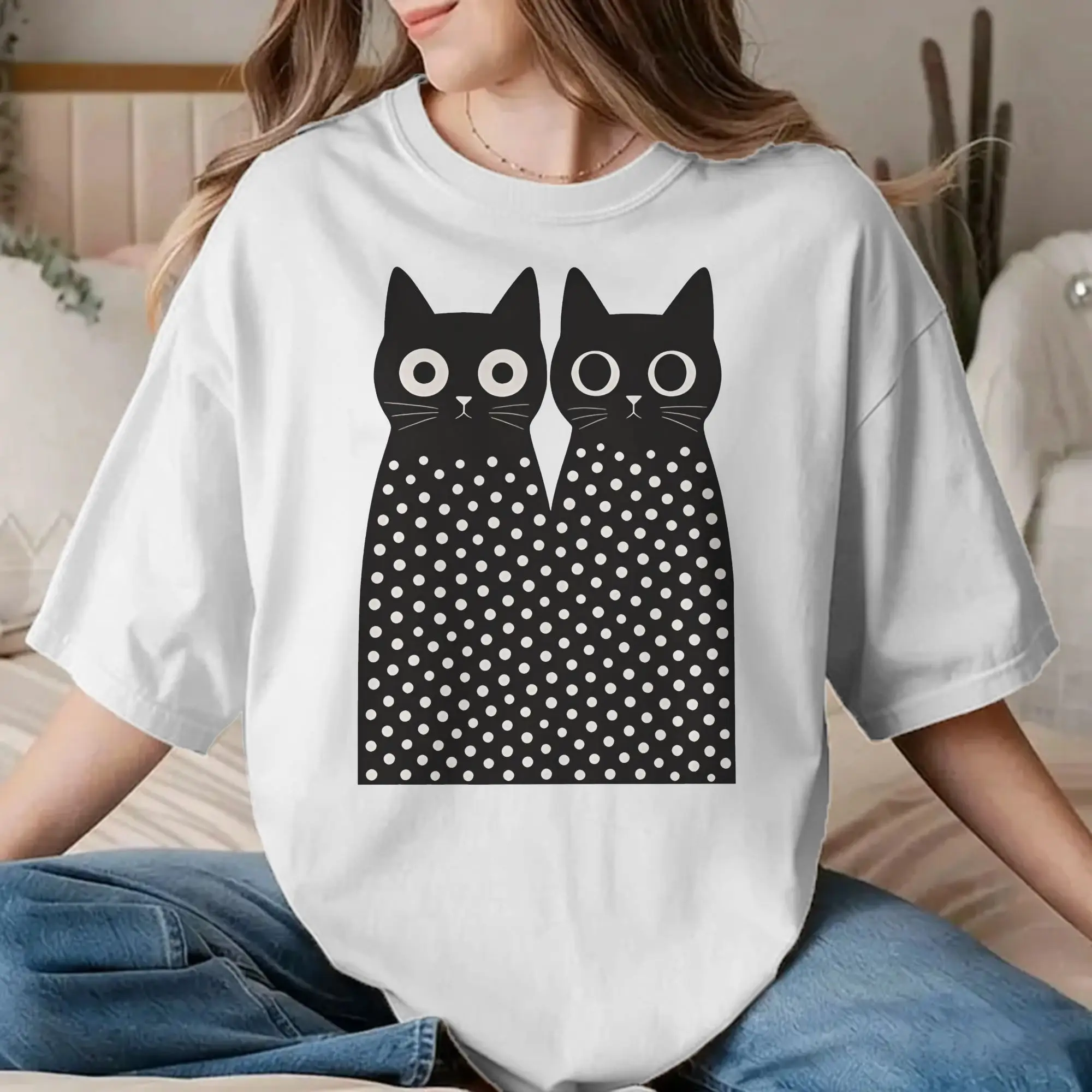Camiseta Yayoi Kusama com estampa de gatos pretos e bolinhas, para homens e mulheres, em algodão, estilo vintage, gola redonda, manga curta, roupa de 
