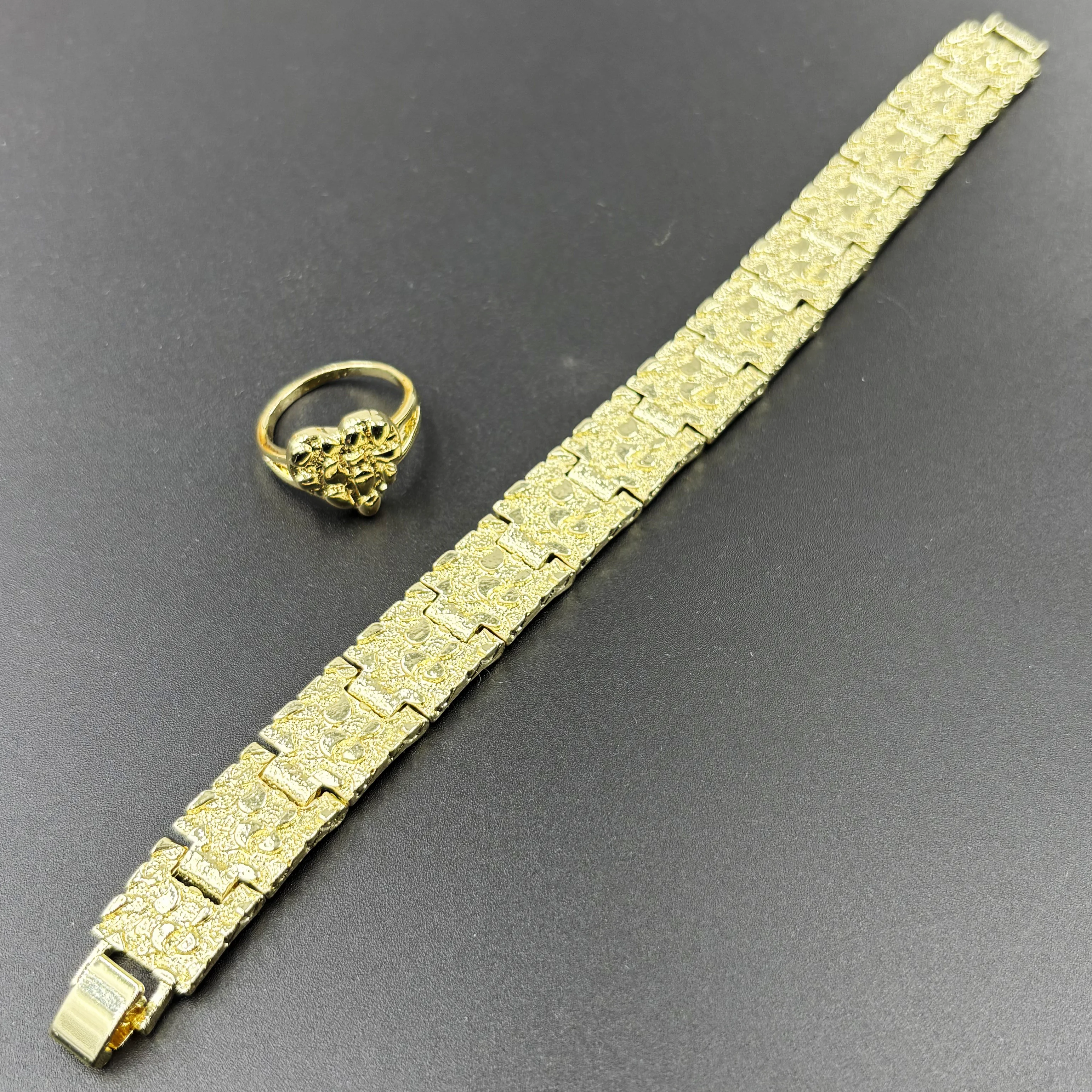 

nugget ring heart shaped 15mm wide hip hop men bracelet cookie textured jewelry set for women 14k gold plated