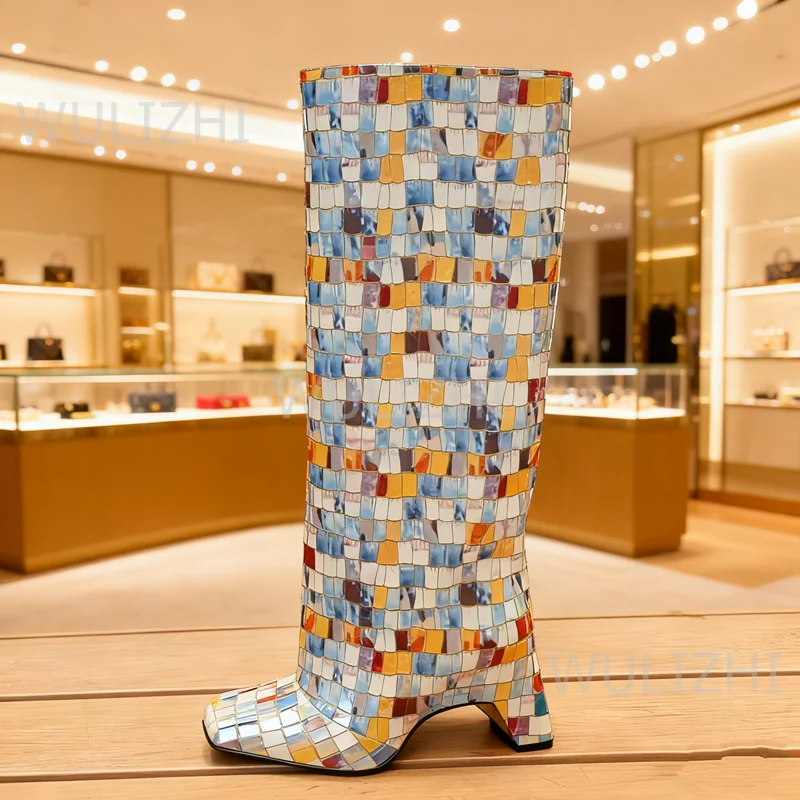 Colorful Checkered Patchwork Leather Knee-High Boots Women Cute Stylish Black Cool Square Toe Upright Booties Strange Heel Shoes