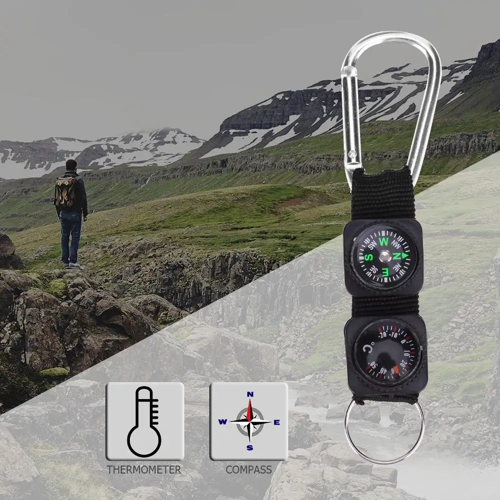3 in 1 Keychain Compass Thermometer Carabiner Ring Multifunction Camping Survival Tools Key Ring Black for Mountaineering Hiking
