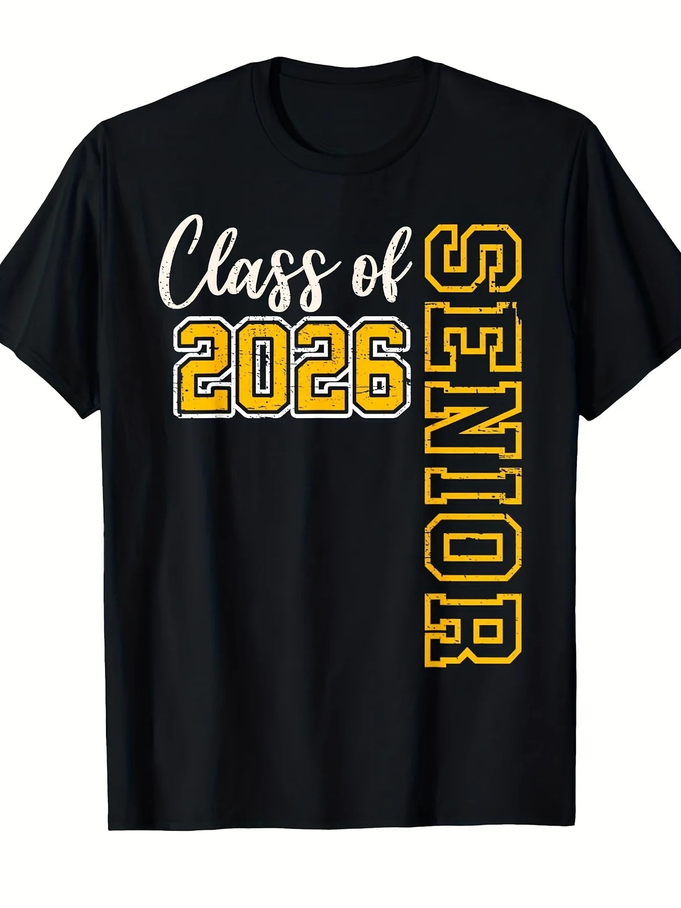Camiseta vintage de manga corta con estampado negro y dorado para hombres de la clase de graduación 2026, No. 26