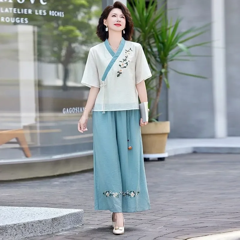

Womens New Chinese Style Linen Two Piece Set Casual Summer Outfit For Mothers