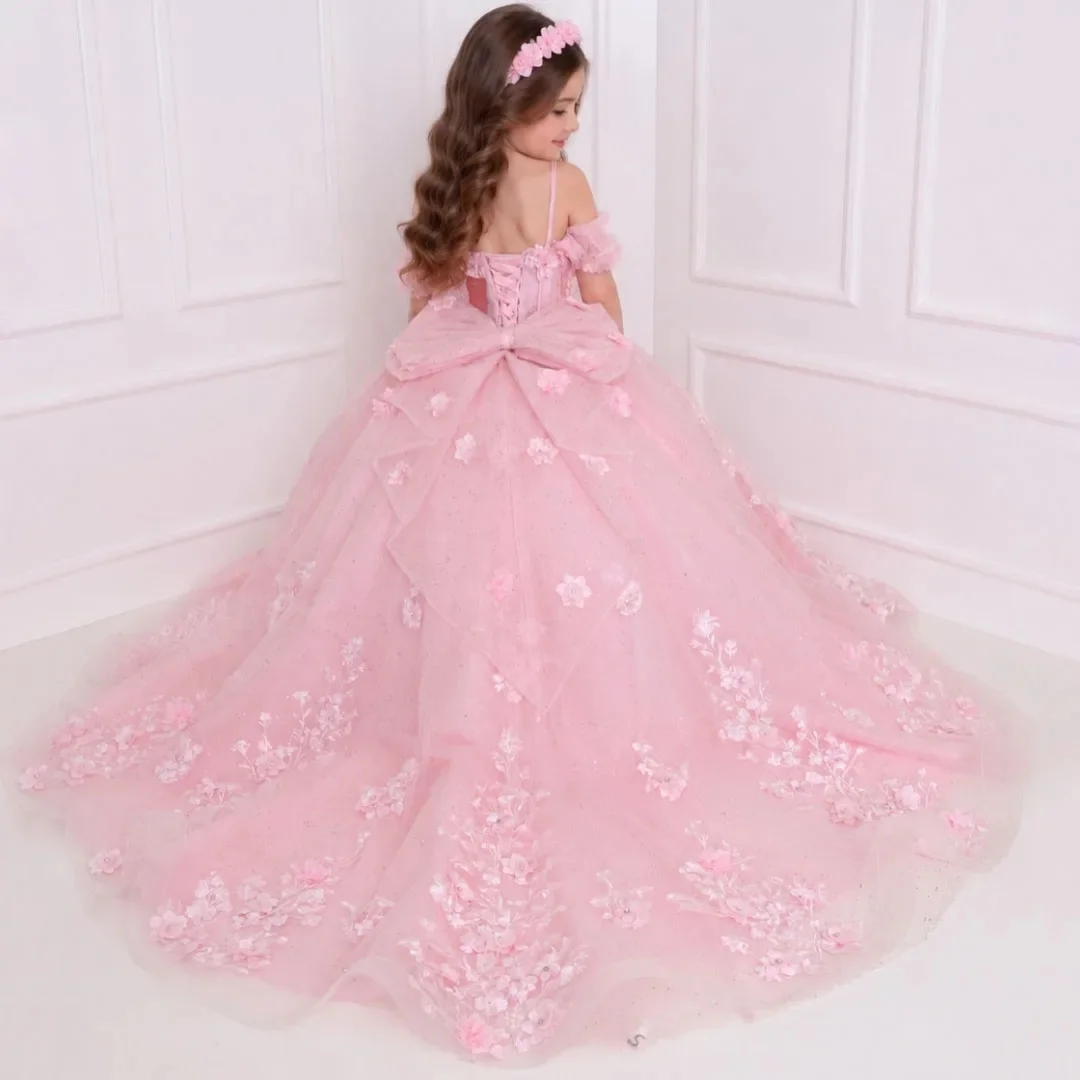 

Customized Pink Flower Girl Dress For Wedding Appliques Floor Length With Bow Kids Quinceanera Birthday Party Photo Shoot Gown