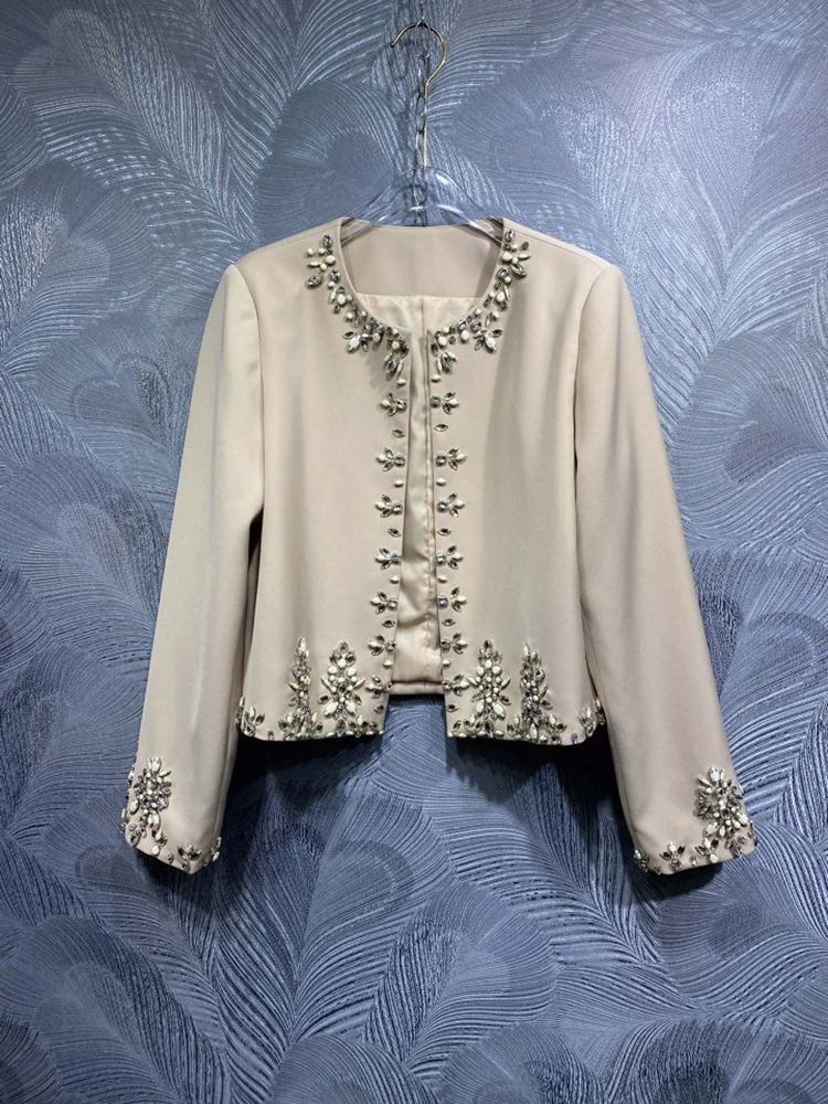 DLDENGHAN Women O-Neck Long Sleeves Diamonds Jacket+Split Long Pencil Skirt Office Lady Two Piece Set Fashion Autumn New