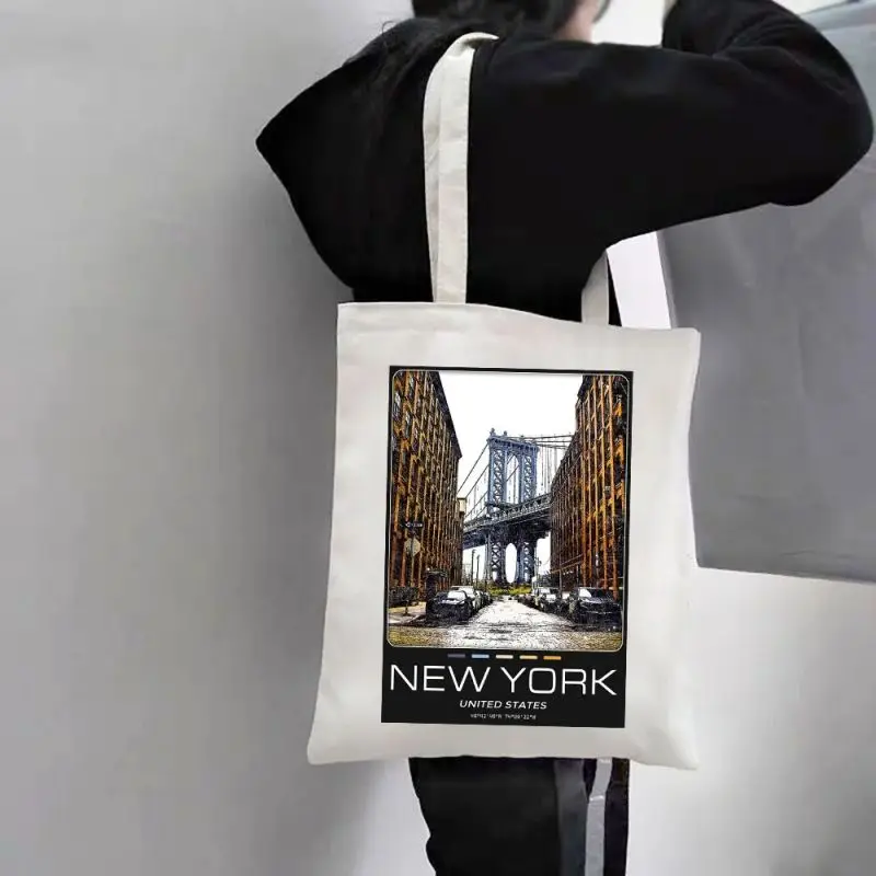 New York Paris London City Shoulder Bags Fashion Tote Handbag Canvas Girl Environmental Large Capacity Portable Shopping Bag