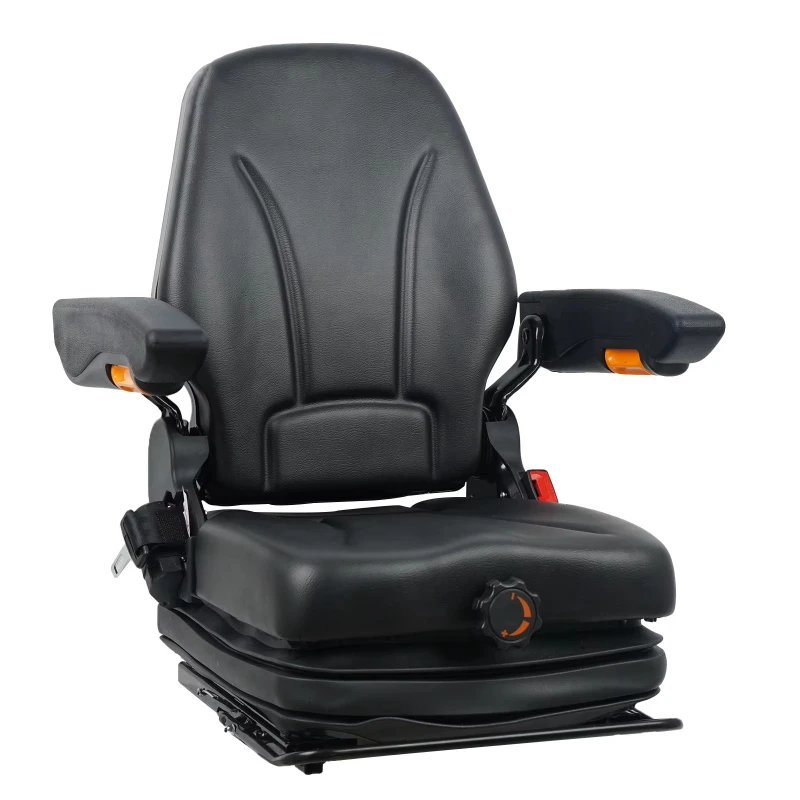 

Black foldable back adjustable structure forklift dump seat with suspension and retractable seat belt