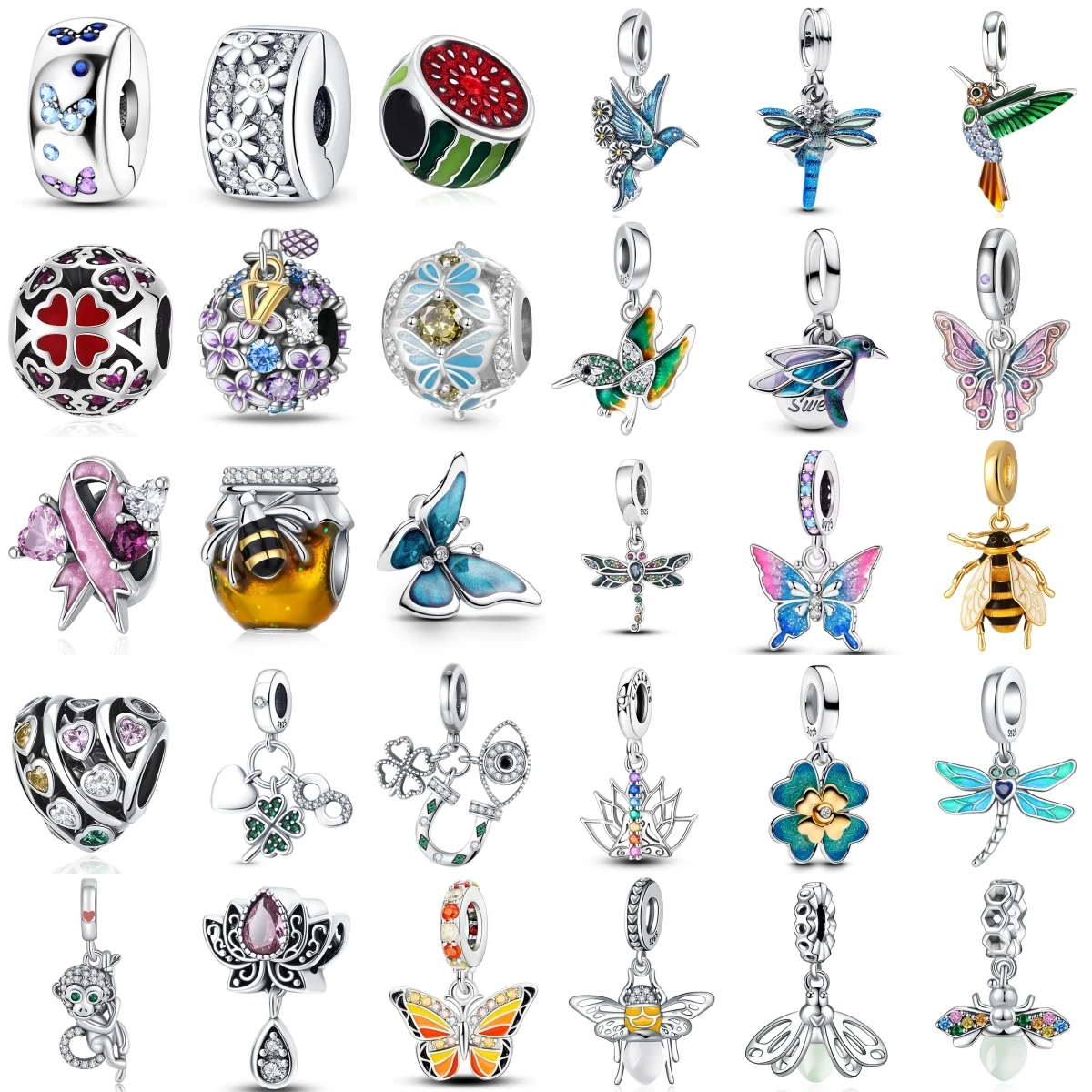 Abalorio de plata de ley 925 con diseño de belleza de la serie Spring, Urraca, mariposa, abejas, compatible con Pulsera Original, accesorios, joyería para mujer