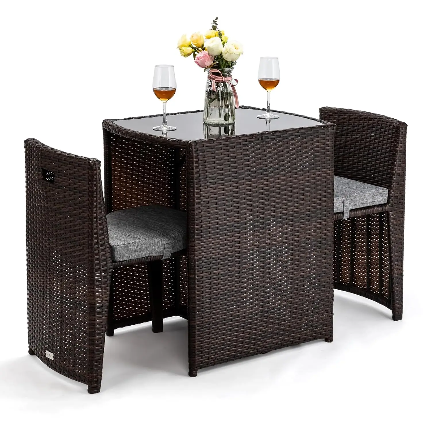 

3 PCS Wicker Outdoor Patio Bistro Set, Patio Furniture Set for Small Space with Glass Top Table Dining Chairs,Customized