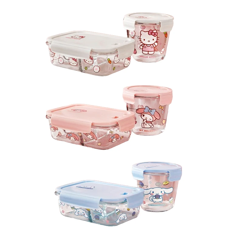 

New Kawaii Sanrios Glass Lunch Box My Melody Hellokitty Household Heatable Separation Cover Band Cartoon Preservation Bowl