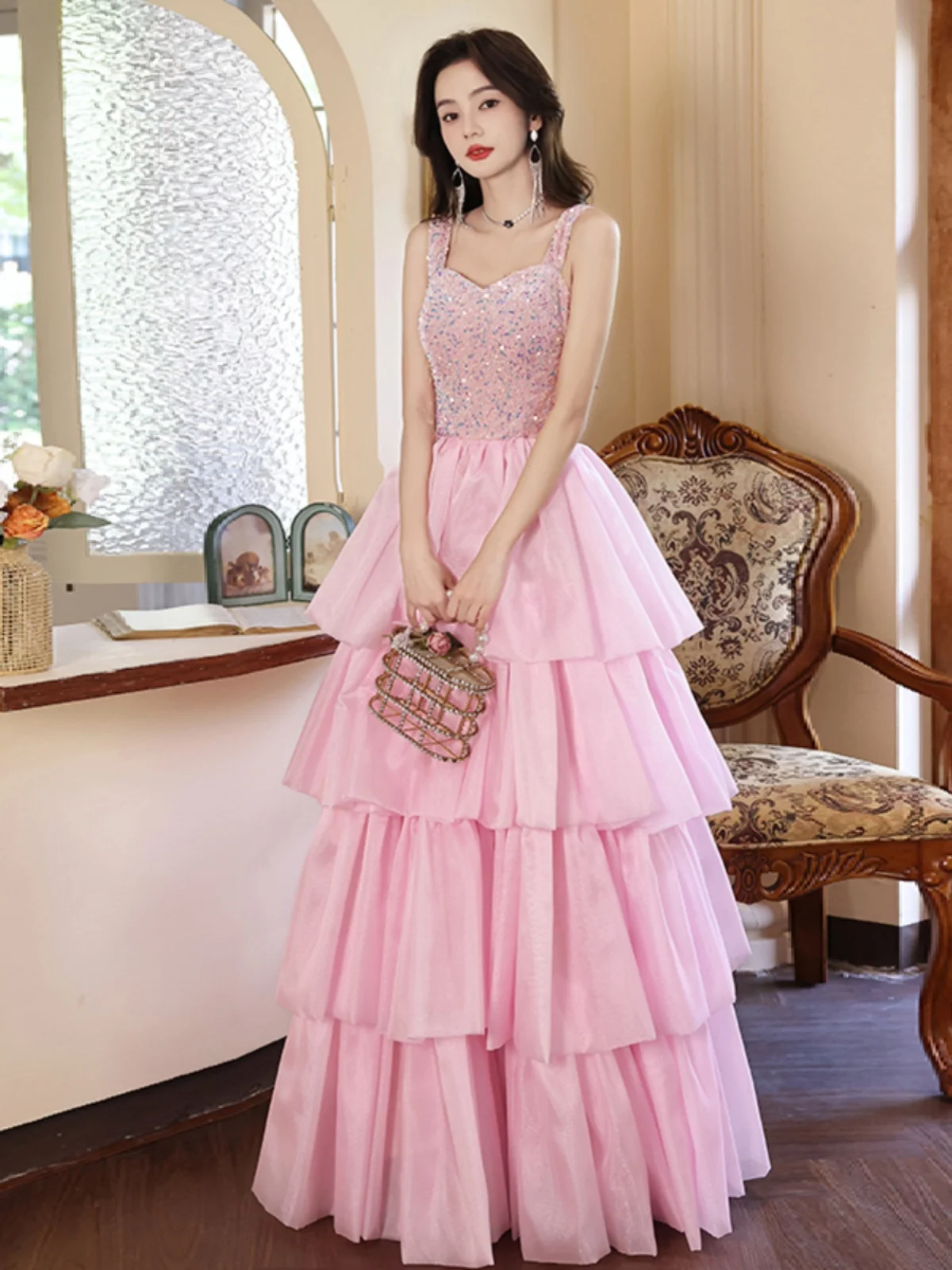 

Ele Long Sequin Evening Gown Pink Strapl Luxury Sensation Birthday Par Princ Cake Skirt Sle for Year End Events