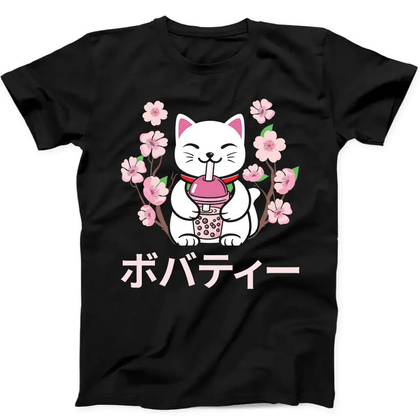 Забавная футболка Maneki Neko Boba Bubble Tea Sakura Lucky Cat, черная 158