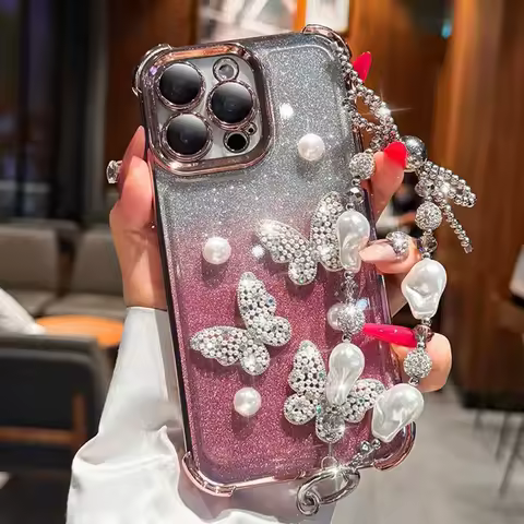 Pearl Butterfly Bracelet Chain Phone Case For Xiaomi Poco X7 X6 F7 Pro M6 F6 X5 X3 POCO C65 Glitter Shockproof Cover POCO C75