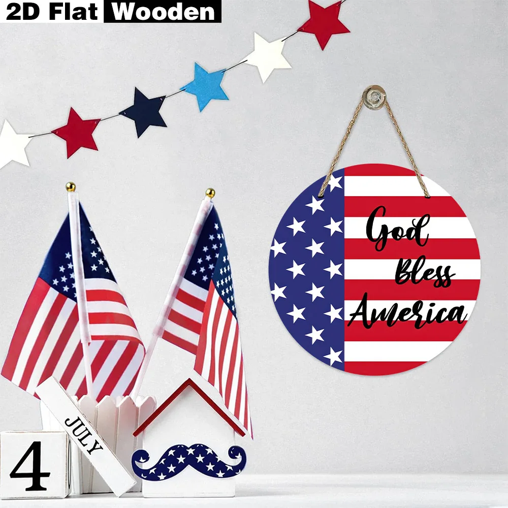 2D Round Wooden Hanging Sign American Flag Patriotic Theme Decor Foyer Wall Decor Home Holiday Arrange Decor Independence Day