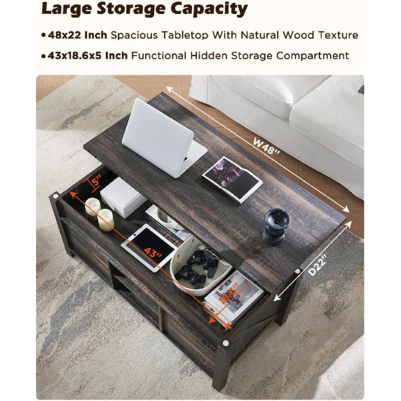 Lift Top Coffee Table with Sliding Barn Door,Rustic Center Table with Hidden Storage Compartment,Lifting Tabletop and Adjustab
