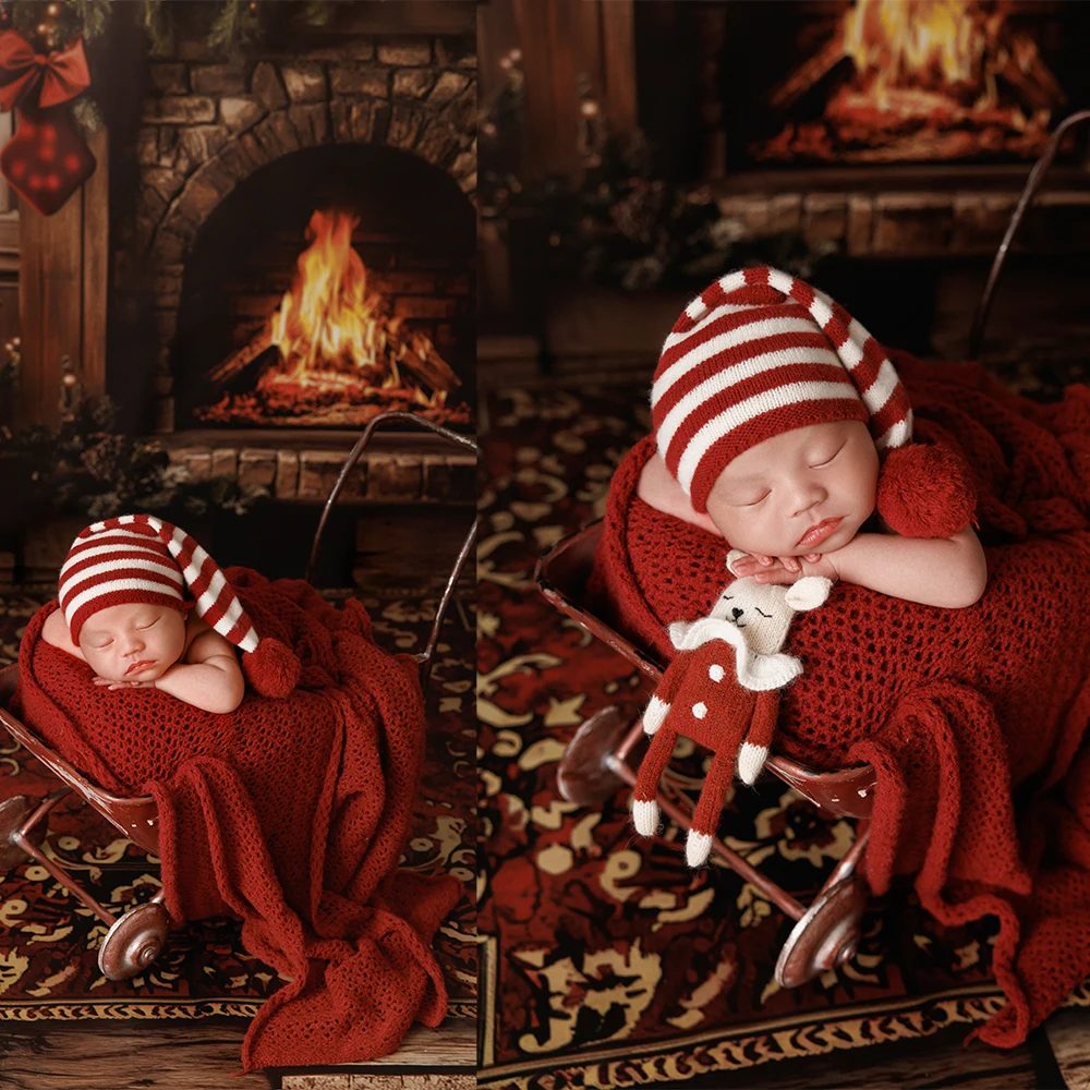 

Red Christmas Theme Newborn Photography Props Striped Knitted Christmas Hat Mini Rabbit Doll Baby Photo Studio Xmas Shoot Props