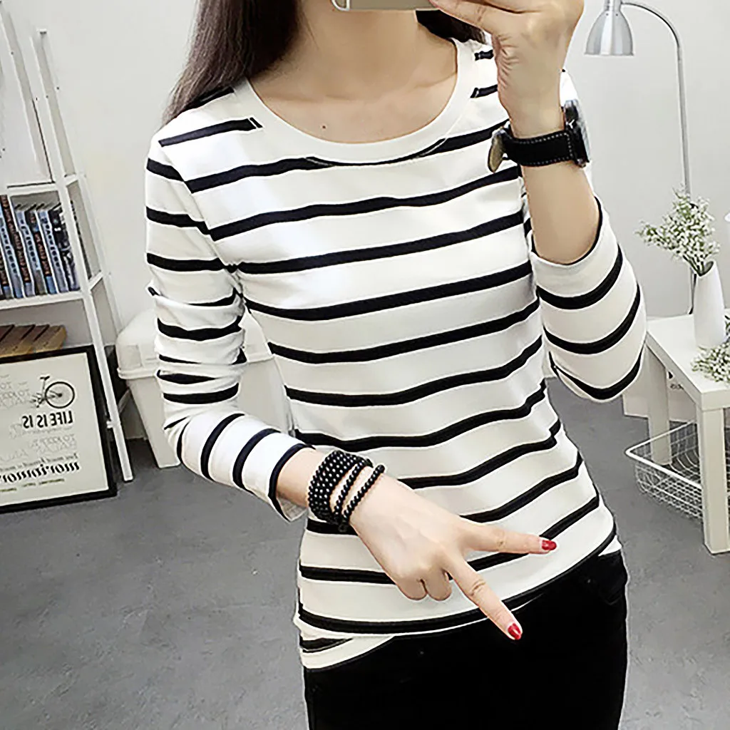 Women Striped T-shirt Long Sleeve Graphic T Shirts Casual Round Neck Print Tees Tops Camisetas De Mujer