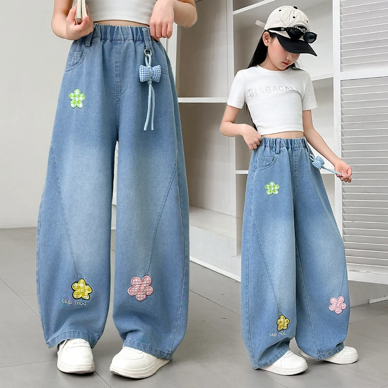 Cute Baby Girls Denim Pants 4-14Y Spring Autumn Kids Plaid Floral Embroidered Pattern Jeans Loose Straight Trousers for Tweens