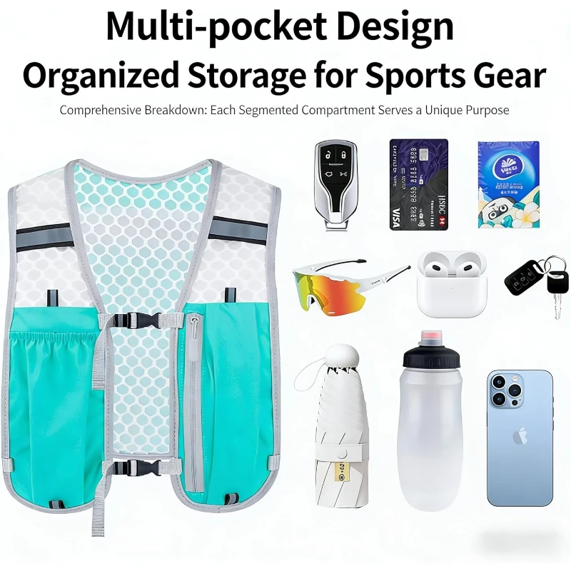 WOOJACK Running Hydration Vest  Multiple Pockets Lightweight Backpack Adjustable Water Bag Reflective Strips Waterproof Outdoor