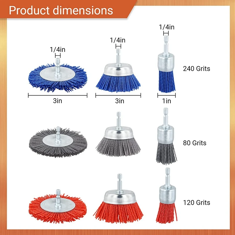 GTBL Filament Abrasive Wire Brush Wheels,3Sizes Nylon Drill Brush Set With 1/4In Drill For Removal Of Rust Corrosion Paint