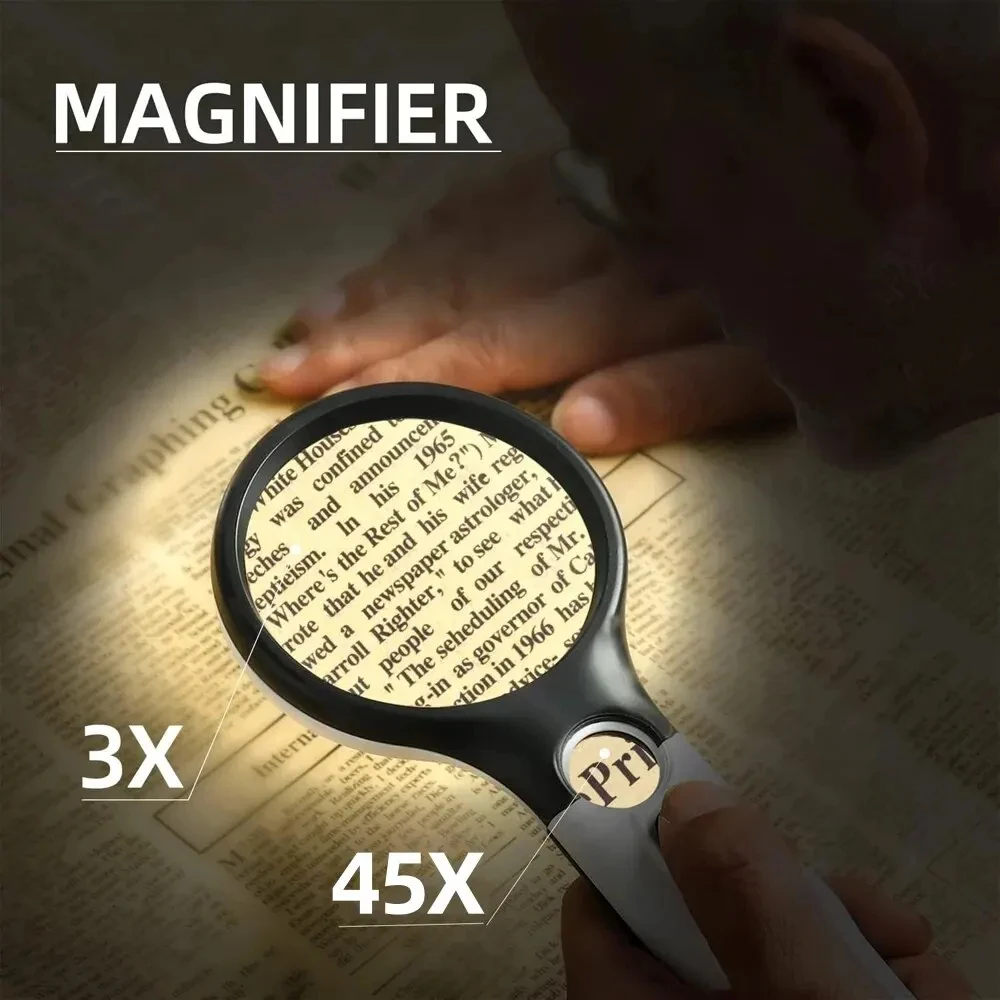 White Magnifying Glass Handheld 45X Magnifier With 3 LED Light For Reading Magnifying Glass Jewelry Loupe