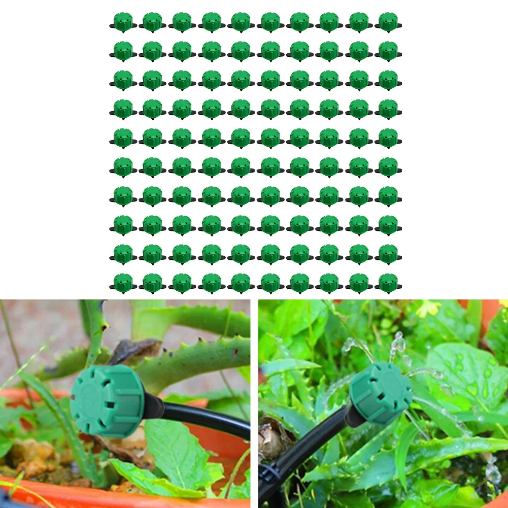 100pcs Garden Drip Irrigation Heads 8 Outlets Adjustable Water Flow 0-135L/H Green Plastic Emitters For Outdoor Plants