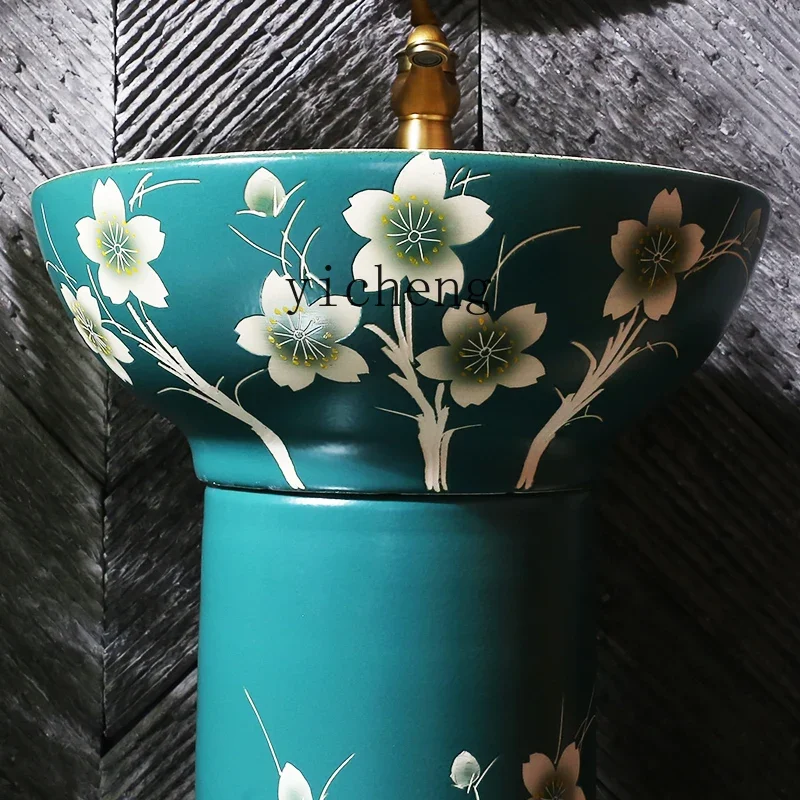 

Retro Chinese Art Pedestal Basin Ceramic Washbasin Floor Style
