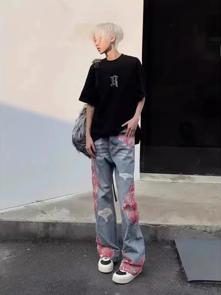 

Trendy Patchwork Denim Jeans Men's Design American High Street Hiphop Straight Leg Micro Flare Pants Youth Faion