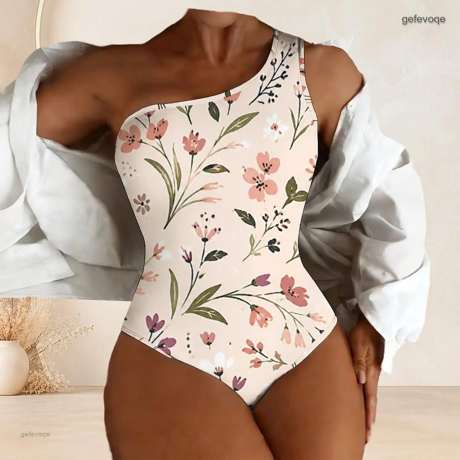 Women Swimsuit with Print One Shoulder One Piece Asymmetric Neck