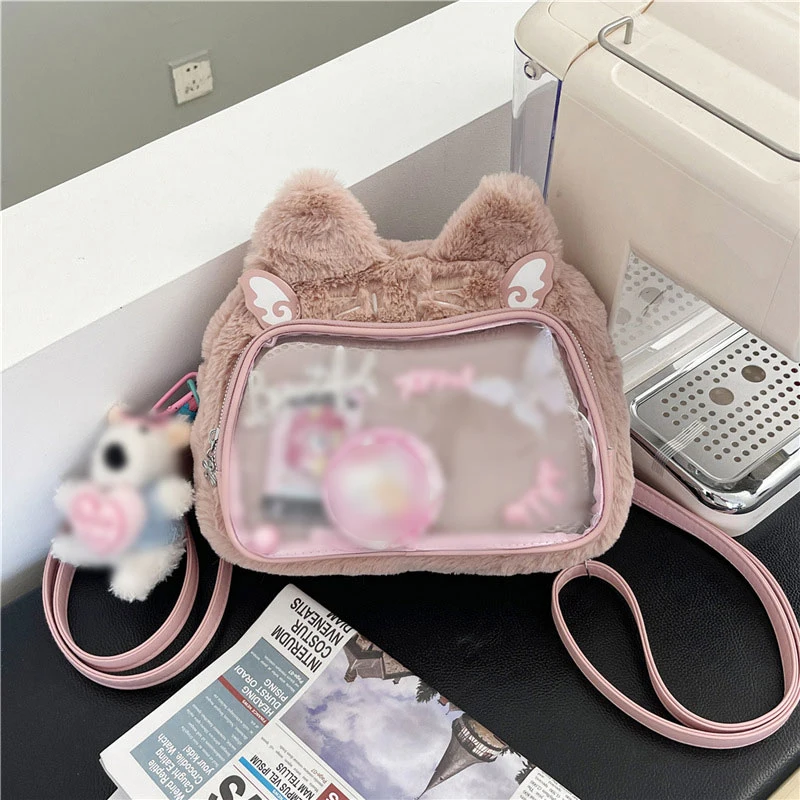 Anime Plush Cat Womens Backpack Y2K Fluffy Cute Casual Transparent Ita Bag Fashion Kawaii Japanese Style Lolita Jk Shoulder Bag