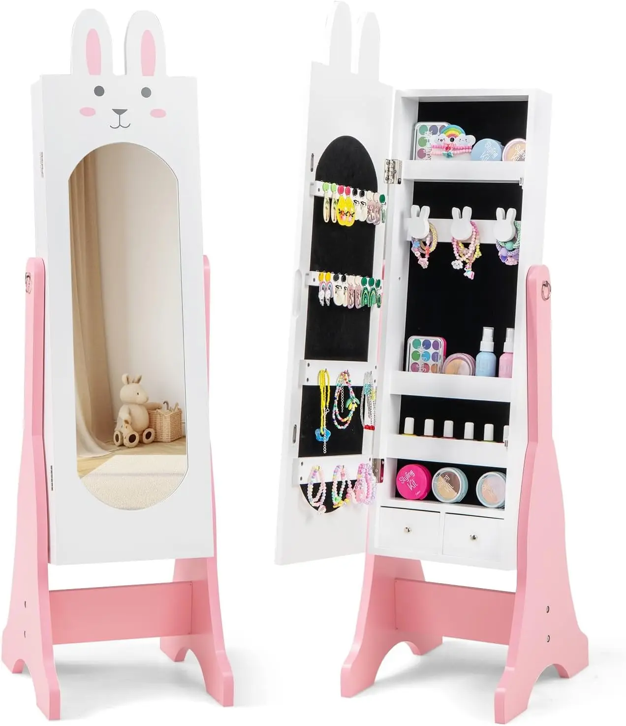 Jewelry Cabinet - 45" Standing Jewelry Armoire with Full Length Mirror, Bunny Shaped Vanity Dressing Mirror for Girls(White)