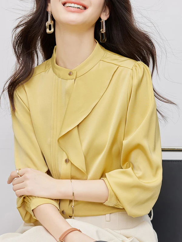 

Silk Shirt Women's Design Early Spring 2026 New Long Sleeve Top Lace Trim Stand Collar Professional Shirt Commute Style Strai...
