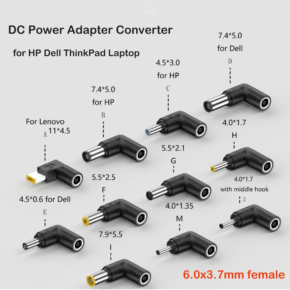 2pcs Laptop DC 6.0x3.7mm female interface socket Connectors to 4.5x3.0 4.0x1.7 7.4x5.0 5.5x2.5mm Square Male plug power adapter