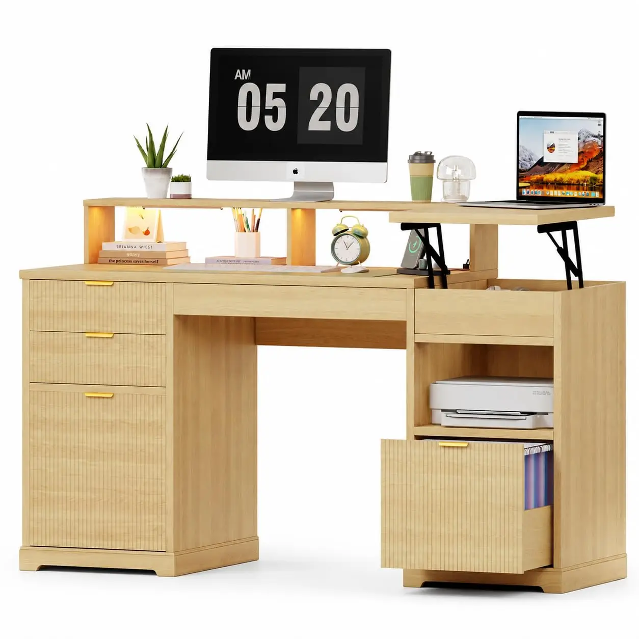 Fluted Executive Desk With Lift Top, Drawers, Gaming Computer Table With Charging Station, Sensor Lights, Customized