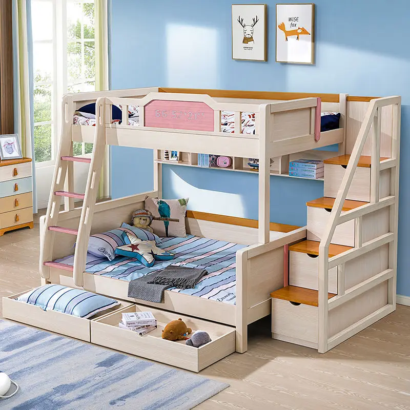상하층 침대 어린이 침대 높낮이 조절 침대, 원목 소형 아파트 다기능 어린이 및 엄마 침대