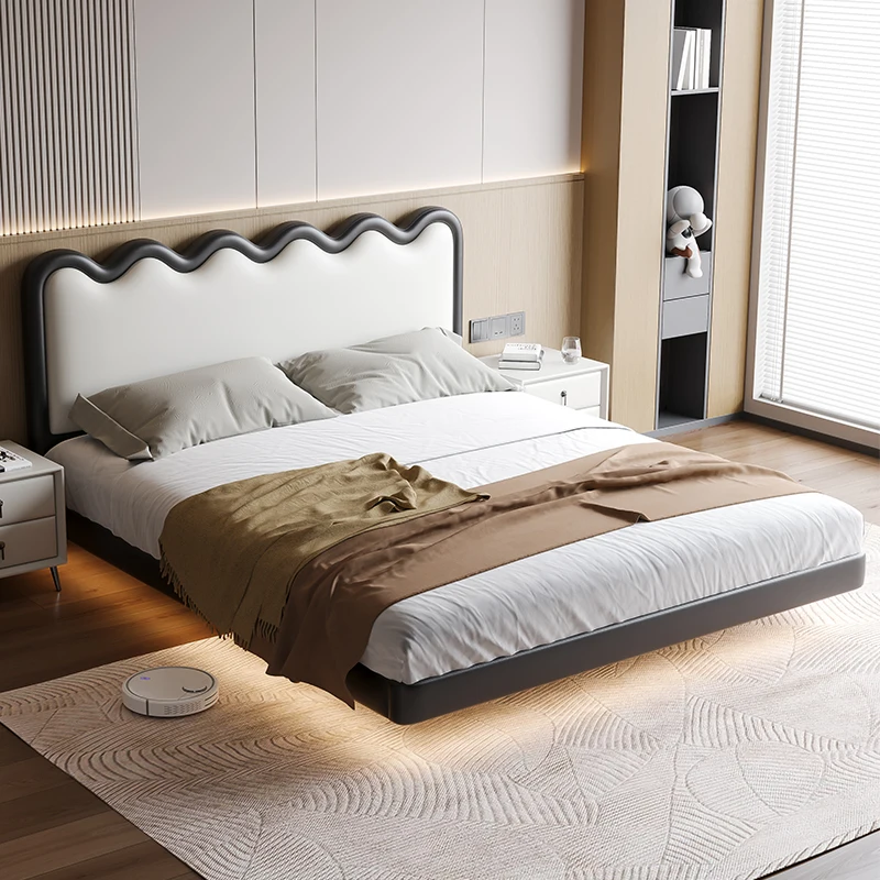 Cream Wind Suspension Bed Modern Leather Bed Master Bedroom 1.8 Solid Wood Double Bed Edging Retro Marriage Bed